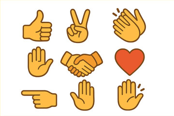 Hand Gesture Icons Vector Set for Web and Apps – Thumbs Up, Peace Sign, Clapping, Waving, Handshake, Heart, Pointing, Stop, High Five – Isolated Transparent Background