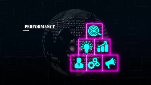 KPI key performance indicator increase optimization business and industrial process on dot globe rotation background with alpha channel, holographic advanced HUD. Business, Technology, Internet