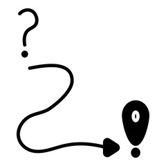 Solid black glyph shows a winding path starting from a question mark and ending at a location pin. Represents navigating to a solution or finding a destination for a query.