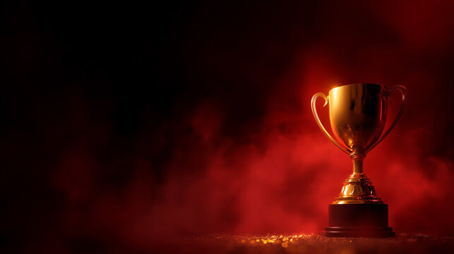 Golden Trophy Shines Award gleams against red backdrop. Symbolizes victory, achievement, success. Use for motivational content, marketing, web design.