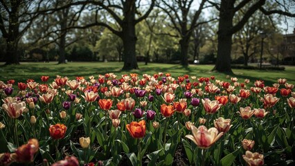 Lush gardens and parks filled with multicolored tulips in spring
