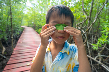 Happy little boy enjoy travel in mangrove forest wooden walk way outdoor