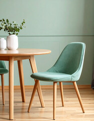 Modern dining space elegant green chair at a round wooden table cozy interior minimalist home decor natural light contemporary style