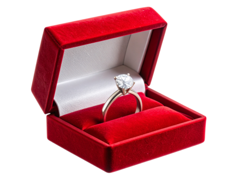 “Luxury Diamond Engagement Ring in Open Red Velvet Box, Isolated on Transparent Background”. - Powered by Adobe