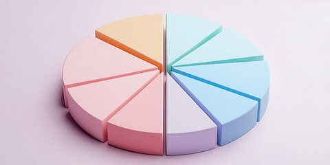 Fototapeta premium Colorful pie chart with different pastel shades. Represents data, analytics, proportions, market share, and financial information in visual format.