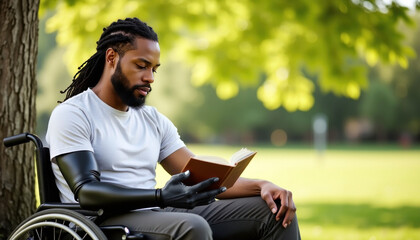 Empowered learning moment as young man with a prosthetic arm sits in wheelchair reading a book under tree in sunny park with copy space..