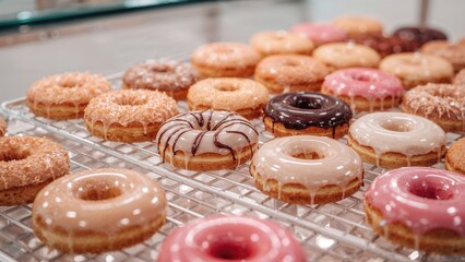 A variety of shiny coated donuts exhibited in a confectionery