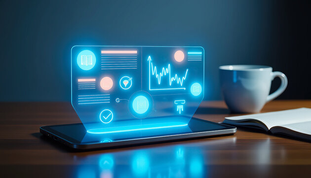 Futuristic digital interface with holographic icons and graphs on a tablet screen next to a coffee cup and open book on a wooden desk with copy space