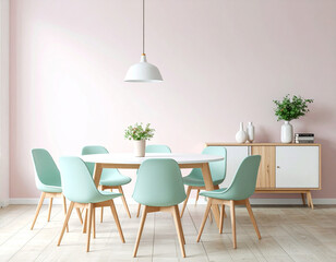 Modern dining room interior design featuring a stylish table and mint green chairs bright natural light atmosphere minimalist concept