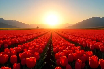 Fototapeta premium tulip field at sunset