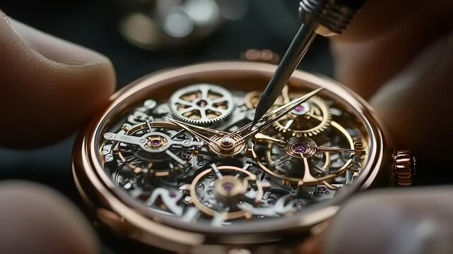 Close-up of a watchmaker working on a complex watch mechanism.