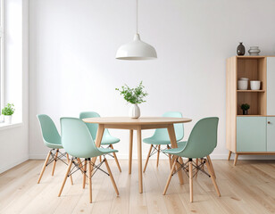 Elegant dining room setup with light mint chairs modern home interior design minimalist environment aesthetic viewpoint home decor inspiration