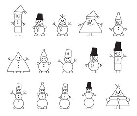 Set of cute white snowmen with hat, buttons and falling snowflackes in outline style on white background for Christmas, New year, greeting cards, wallpapers, wrapping