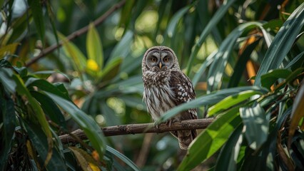Tropical park scene featuring a collared scops owl against a backdrop of rich green nature