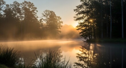 Fototapeta premium Peaceful Sunrise Over Misty Lake, Scenic Nature Photography, Tranquil Environment, Serene Viewpoint