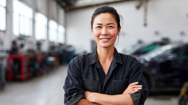 Female mechanic smiling confidently with crossed arms in automotive garage workshop. Professional woman technician wearing black uniform in car repair service center with vehicles background.
