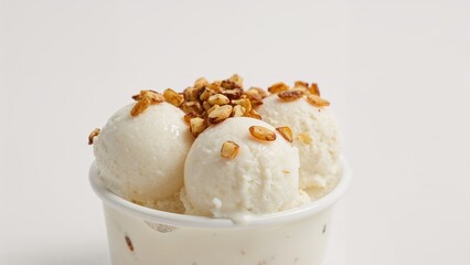 Creamy coconut milk ice cream balls in a cup, decorated with tender coconut and roasted peanuts.