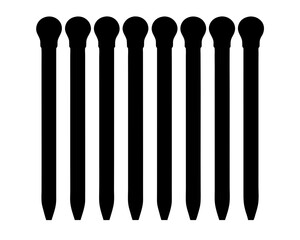 Seven identical black stylus pens arranged in a row on white background