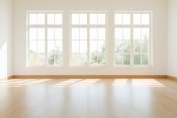 Fototapeta premium Bright, airy room with natural light flooding through three large windows. Clean, minimalist space ready for furnishing and personalization.