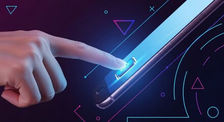 Finger interacting with a glowing futuristic digital device screen, highlighting advanced touchscreen technology and seamless user experience in a connected world.