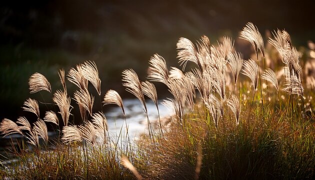 stream flows tall grass with fluffy seed heads in sunlight dark background