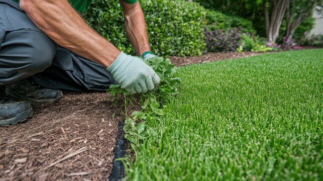 Professional gardener's gloved hands weeding the edge of a vibrant green lawn next to a mulched garden bed.