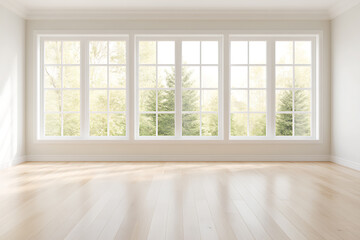 Fototapeta premium Bright interior featuring a large window offering a view of trees, complemented by a light wood floor. Clean, spacious design.