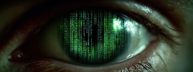Eye Symbolizing Digital Technology and Connection in Modern Cyber World with Matrix Code Reflection on Interface. Banner