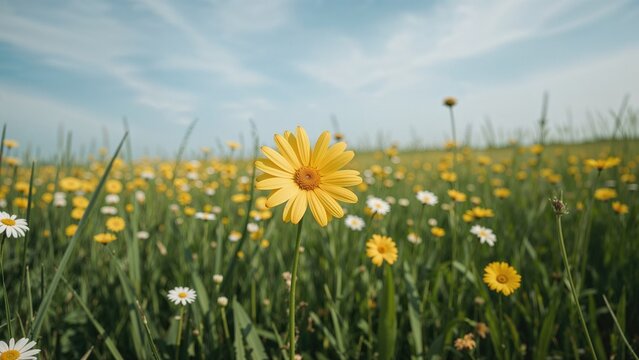 Blooming coat button flowers in a vast meadow