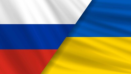 Realistic image of overlapping Russian and Ukrainian national flags with vibrant colors and smooth folds. Focus on design, symbolism, and national identity. No people. Clean lighting.