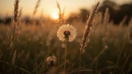 Golden hour dandelion in a field.