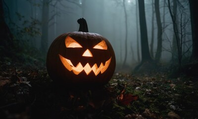 Obraz premium A Halloween jack-o'-lantern glows in the dark forest.