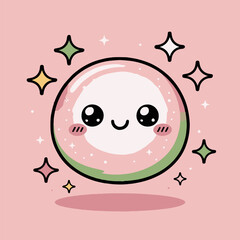 A cute cartoon bubble character with big eyes and a smile surrounded by colorful stars on pink background