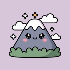 A cartoon mountain with a smiling face snow clouds stars and grass on a light purple background