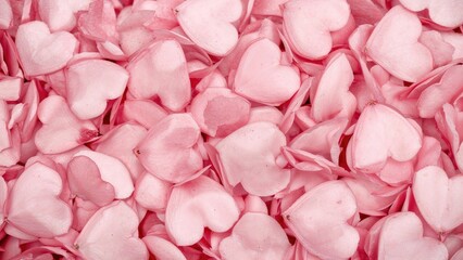 Macro image of pink flowers shaped like hearts for a postcard background.