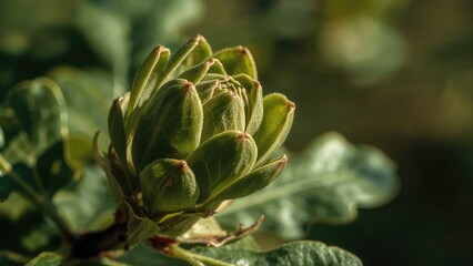 Fototapeta premium Zoomed-in image of oak leaves beginning to open from a bud on a spring day
