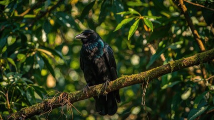 Close shot of a Flores crow resting on a tree limb