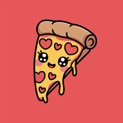 Cartoon pizza slice with hearts and kawaii face on a red background in a digital illustration