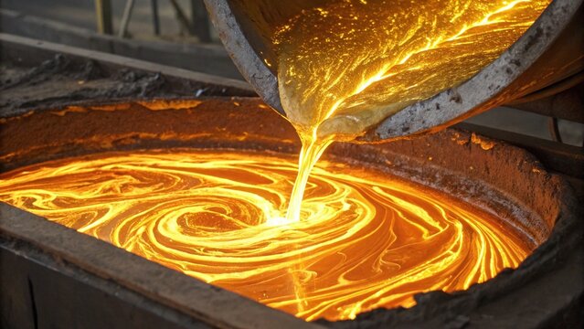 Flat Lay of Glowing Molten Gold Liquid with Swirling Flow and Glossy Metallic Surface