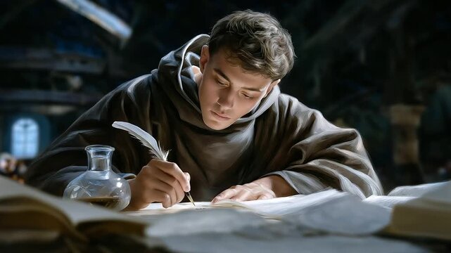 A monk writing with a quill in a serene scriptorium