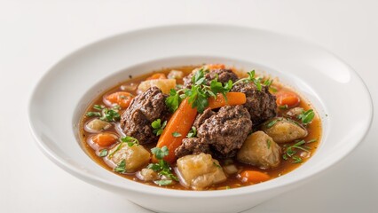 Macro close-up of soup featuring beef and carrot in a bowl