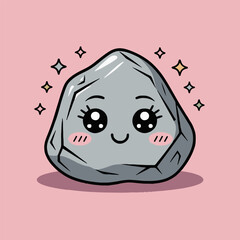 A cute cartoon rock with big eyes and a smile surrounded by sparkling stars on a pink background
