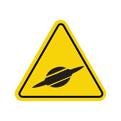 Yellow triangular warning sign with black UFO silhouette, vector illustration for sci-fi caution