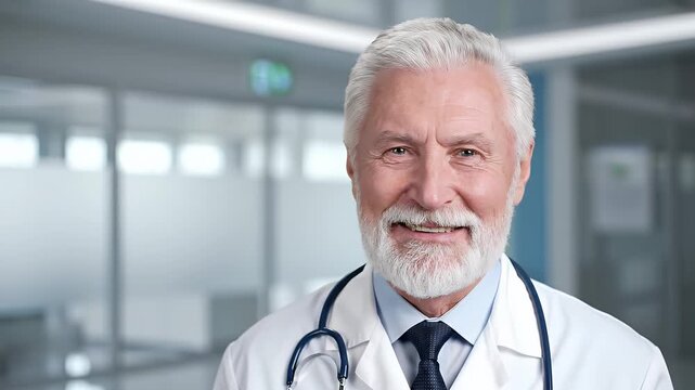 Potrait of a Mature Male Doctor in White Coat with a Stethoscope Smiling Confidently with Blurred Interior Background in Soft Lighting in the Hospital