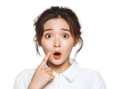 Asian woman with surprised expression points to her cheek on a black background