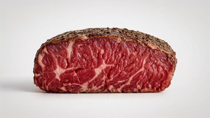 Fototapeta premium Up-close image of a sirloin steak set on a white surface