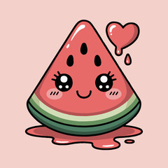 A cute watermelon slice with big eyes and a heart on a pink background in cartoon style image