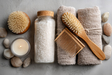 Relaxation essentials arranged on a gray surface featuring towels, a candle, and natural spa items for a calming experience