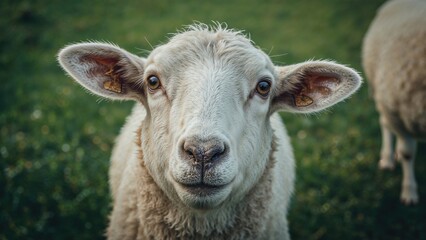 Fototapeta premium Zoomed-in image of a sheep's facial features at a farm