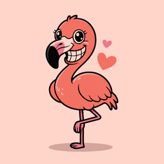 Cartoon flamingo standing on one leg with hearts floating around it on a pink background